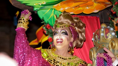 Royal Bianca Del Rio, a native of New Orleans and the winner of the sixth season of the well-known reality/competition television program "RuPaul's Drag Race," controls the riders on numerous floats. (Scott Threlkeld/The Times-Picayune/The New Orleans Advocate via AP) (AP) Royal Bianca Del Rio, a native of New Orleans and the winner of the sixth season of the well-known reality/competition television program "RuPaul's Drag Race," controls the riders on numerous floats. (Scott Threlkeld/The Times-Picayune/The New Orleans Advocate via AP) (AP)
