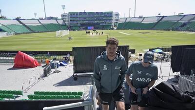 New Zealand's skipper Mitchel Santner arrives for a press conference in Lahore on Tuesday. (AP) New Zealand's skipper Mitchel Santner arrives for a press conference in Lahore on Tuesday. (AP)