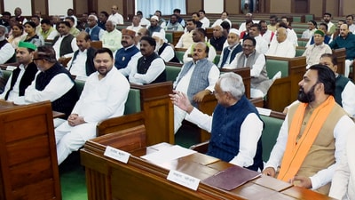 Patna, Feb 28 (ANI): Bihar Chief Minister Nitish Kumar, Deputy CM Samrat Chaudhary and Leader of Opposition Tejashwi Yadav attend the first day of the Budget Session, at Bihar Legislative Assembly in Patna on Friday. (ANI Photo) (Pappi Sharma) Patna, Feb 28 (ANI): Bihar Chief Minister Nitish Kumar, Deputy CM Samrat Chaudhary and Leader of Opposition Tejashwi Yadav attend the first day of the Budget Session, at Bihar Legislative Assembly in Patna on Friday. (ANI Photo) (Pappi Sharma)