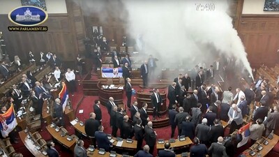 This frame grab from handout video footage taken and released by the National Assembly of the Republic of Serbia in Belgrade on March 4. (AFP)