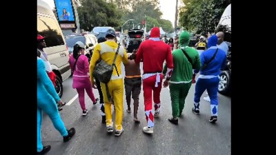 In Sao Paulo, police disguised as Power Rangers arrested a thief at carnival. (X/@tarcisiogdf) In Sao Paulo, police disguised as Power Rangers arrested a thief at carnival. (X/@tarcisiogdf)