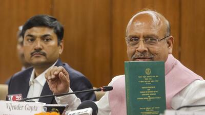 Speaker Vijender Gupta addresses a press conference. (PTI) Speaker Vijender Gupta addresses a press conference. (PTI)