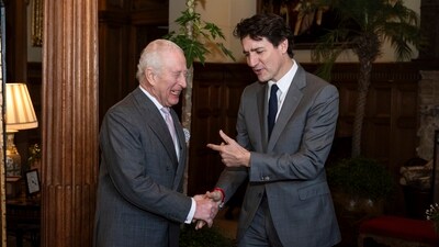 Britain's King Charles III, left, meets Canadian Prime Minister Justin Trudeau at the Sandringham Estate in Norfolk, England, Monday March 3, 2025. AP/PTI(AP03_03_2025_000271B) (AP) Britain's King Charles III, left, meets Canadian Prime Minister Justin Trudeau at the Sandringham Estate in Norfolk, England, Monday March 3, 2025. AP/PTI(AP03_03_2025_000271B) (AP)