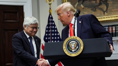 U.S. President Donald Trump shakes hands with C.C. Wei, Chairman and CEO of TSMC, as they make an announcement about an investment from Taiwan Semiconductor Manufacturing Company (TSMC), in the Roosevelt Room at the White House in Washington, D.C., U.S., March 3, 2025. (Reuters)