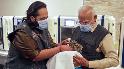 Prime Minister Narendra Modi holds Clouded Leopard cubs in the presence of Reliance Foundation Director Anant Ambani while visiting the wildlife rescue, rehabilitation, and conservation centre, Vantara, in Jamnagar on Tuesday. (ANI) Prime Minister Narendra Modi holds Clouded Leopard cubs in the presence of Reliance Foundation Director Anant Ambani while visiting the wildlife rescue, rehabilitation, and conservation centre, Vantara, in Jamnagar on Tuesday. (ANI)