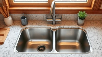 Modern stainless steel kitchen sink with sleek design and deep basin. Modern stainless steel kitchen sink with sleek design and deep basin.