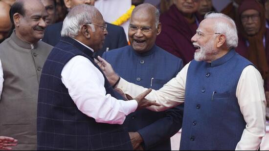 Prime Minister Narendra Modi with Congress president Mallikarjun Kharge in New Delhi. (PTI Photo)