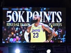 Video board displaying 50,000 career point milestone for Los Angeles Lakers forward LeBron James (23) after scoring a three point basket against the against the New Orleans Pelicans during the first half at Crypto.com Arena. 