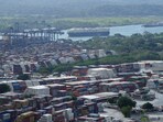 A ship sails through the Panama Canal near the Balboa Port 