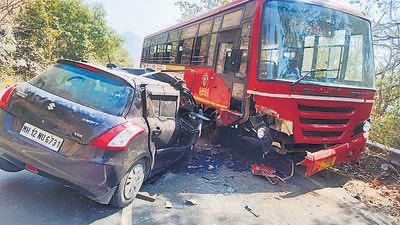 2 dead after car on wrong side crashes into ST bus in Tamhini Ghat 2 dead after car on wrong side crashes into ST bus in Tamhini Ghat