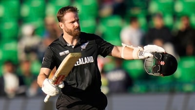 Kane Williamson also picked up pace quite incredibly, eventually scoring his century in just 91 balls when Ravindra had got there in 93. The New Zealand great fell on 102 off 94 balls. (AP) Kane Williamson also picked up pace quite incredibly, eventually scoring his century in just 91 balls when Ravindra had got there in 93. The New Zealand great fell on 102 off 94 balls. (AP)