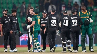 A victory was mathematically impossible for South Africa even before Miller started the onslaught though and so his celebrations were subdued. New Zealand now face India in the final in Dubai on Sunday. (AP) A victory was mathematically impossible for South Africa even before Miller started the onslaught though and so his celebrations were subdued. New Zealand now face India in the final in Dubai on Sunday. (AP)