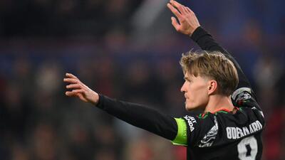 Arsenal captain Martin Odegaard scored two goals in their record 7-1 away victory against PSV Eindhoven in their last 16 first leg clash on Tuesday night. (AFP) Arsenal captain Martin Odegaard scored two goals in their record 7-1 away victory against PSV Eindhoven in their last 16 first leg clash on Tuesday night. (AFP)