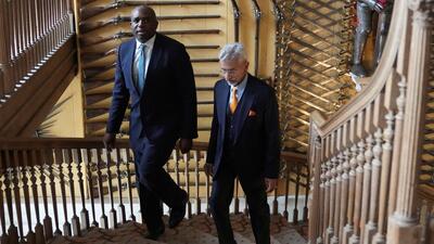 Britain's foreign secretary David Lammy and Indian external affairs minister S Jaishankar walk as they meet at Chevening House, in Sevenoaks, Britain, Wednesday (via REUTERS) Britain's foreign secretary David Lammy and Indian external affairs minister S Jaishankar walk as they meet at Chevening House, in Sevenoaks, Britain, Wednesday (via REUTERS)
