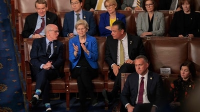 Sen. Elizabeth Warren claps as US President Donald Trump takes ‘Pocahontas’ jibe at her during the joint session of Congress at the US Capitol ( AFP) Sen. Elizabeth Warren claps as US President Donald Trump takes ‘Pocahontas’ jibe at her during the joint session of Congress at the US Capitol ( AFP)