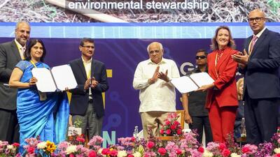 Gandhinagar: Gujarat chief minister Bhupendra Patel during the signing of an MoU between the state government and Micron on the first day of the three-day Gujarat SemiConnect Conference 2025, on March 5 (PTI) Gandhinagar: Gujarat chief minister Bhupendra Patel during the signing of an MoU between the state government and Micron on the first day of the three-day Gujarat SemiConnect Conference 2025, on March 5 (PTI)