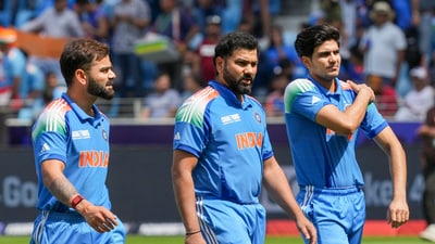 Indian players Rohit Sharma, Virat Kohli and Shubman Gill during the ICC Champions Trophy cricket match between India and Australia in Dubai (PTI) Indian players Rohit Sharma, Virat Kohli and Shubman Gill during the ICC Champions Trophy cricket match between India and Australia in Dubai (PTI)