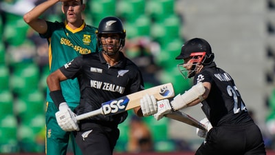 New Zealand captain Mitchell Santner won the toss and chose to bat first in Lahore. South Africa took an early wicket and managed to keep the scoring rate in check initially. However, New Zealand weren't looking too bogged down thanks to the way Ravindra and Williamson were rotating strike. (AP) New Zealand captain Mitchell Santner won the toss and chose to bat first in Lahore. South Africa took an early wicket and managed to keep the scoring rate in check initially. However, New Zealand weren't looking too bogged down thanks to the way Ravindra and Williamson were rotating strike. (AP)