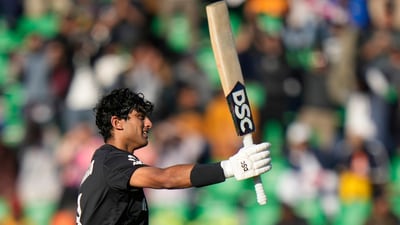 Ravindra managed to maintain a strike rate either close to or above 100 throughout his innings and South Africa started looking bereft of ideas in the middle overs. He eventually scored his century and fell on 108 off just 101 balls. It was Ravindra's fifth ODI century, all of which have come in ICC events. The partnership between him and Williamson ended on 164 off 154 balls. (AP) Ravindra managed to maintain a strike rate either close to or above 100 throughout his innings and South Africa started looking bereft of ideas in the middle overs. He eventually scored his century and fell on 108 off just 101 balls. It was Ravindra's fifth ODI century, all of which have come in ICC events. The partnership between him and Williamson ended on 164 off 154 balls. (AP)