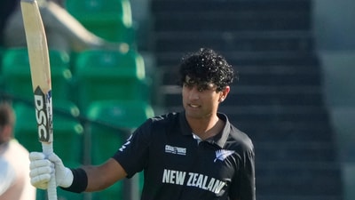 New Zealand's Rachin Ravindra celebrates after scoring a century during the ICC Champions Trophy semifinal vs South Africa (AP) New Zealand's Rachin Ravindra celebrates after scoring a century during the ICC Champions Trophy semifinal vs South Africa (AP)