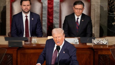 Singling out India during the speech, Trump said, “India charges us auto tariffs higher than 100 percent.” (AP) Singling out India during the speech, Trump said, “India charges us auto tariffs higher than 100 percent.” (AP)