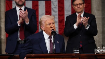 US President Donald Trump addresses a joint session of Congress at the US Capitol on March 04, 2025 in Washington, DC. Vice President JD Vance and Speaker of the House Mike Johnson  (R-LA) applaud behind. (Reuters)