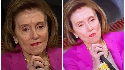 Nancy Pelosi appeared disappointed during Trump's Congress speech as she gently moved her head from side to side when a television camera momentarily focused on her. (X@MAGABarbie317) Nancy Pelosi appeared disappointed during Trump's Congress speech as she gently moved her head from side to side when a television camera momentarily focused on her. (X@MAGABarbie317)