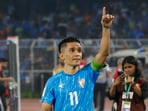 India's Sunil Chhetri gestures to fans.