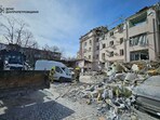 Emergency personnel work at a site of a hotel building hit by a Russian missile strike, amid Russia's attack on Ukraine, in Kryvyi Rih, Dnipropetrovsk region, Ukraine, March 6, 2025. 