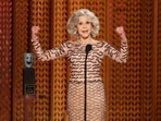 LOS ANGELES, CALIFORNIA - FEBRUARY 23: Honoree Jane Fonda accepts the SAG Life Achievement Award onstage during the 31st Annual Screen Actors Guild Awards at Shrine Auditorium and Expo Hall on February 23, 2025 in Los Angeles, California.   Matt Winkelmeyer/Getty Images/AFP (Photo by Matt Winkelmeyer / GETTY IMAGES NORTH AMERICA / Getty Images via AFP)