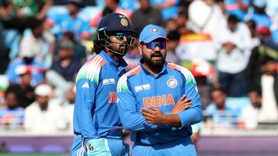 Cricket - ICC Men's Champions Trophy - Group A - Bangladesh v India - Dubai International Stadium, Dubai, United Arab Emirates - February 20, 2025 India's Rohit Sharma in action as KL Rahul looks on REUTERS/Satish Kumar (REUTERS)