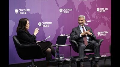 External Affairs Minister S Jaishankar during a conversation with Director and CEO of Bronwen Maddox at Chatham House, in England. (ANI PHOTO) External Affairs Minister S Jaishankar during a conversation with Director and CEO of Bronwen Maddox at Chatham House, in England. (ANI PHOTO)