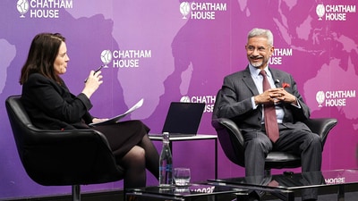 External Affairs Minister S Jaishankar in conversation with Chatham House Director and CEO Bronwen Maddox, at Chatham House in London on Wednesday. (ANI) External Affairs Minister S Jaishankar in conversation with Chatham House Director and CEO Bronwen Maddox, at Chatham House in London on Wednesday. (ANI)