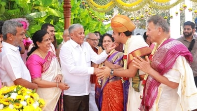 Union minister V Somanna at Tejasvi Surya's wedding. Union minister V Somanna at Tejasvi Surya's wedding. 