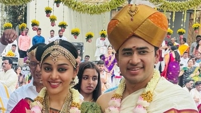 Sivasri Skandaprasad married Tejasvi Surya in an intimate ceremony on March 6. (X/@Abhina_Prakash) Sivasri Skandaprasad married Tejasvi Surya in an intimate ceremony on March 6. (X/@Abhina_Prakash)