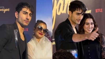 Ibrahim Ali Khan, Rekha and Sara Ali Khan at the screening of Nadaaniyan. Ibrahim Ali Khan, Rekha and Sara Ali Khan at the screening of Nadaaniyan.