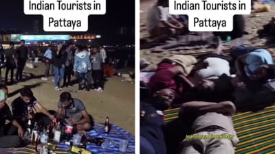 A video of desi tourists drinking and sleeping on a Pattaya beach has raised eyebrows online. (Instagram/@thaiexplorelife) A video of desi tourists drinking and sleeping on a Pattaya beach has raised eyebrows online. (Instagram/@thaiexplorelife)