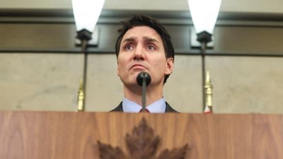 Canada's PM Justin Trudeau looks on during a press conference while responding to US President Donald Trump's orders to impose 25% tariffs on Canadian imports, in Ottawa, Ontario, Canada February 1, 2025. (Reuters)