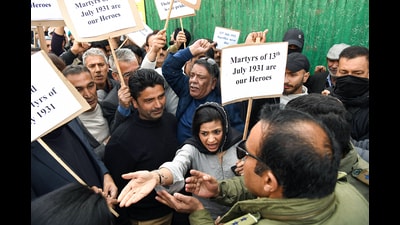 Peoples Democratic Party leader Iltija Mufti along with supporters during a protest in Srinagar on Thursday. (ANI)