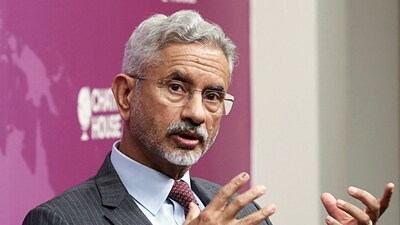 External Affairs Minister S Jaishankar during a conversation with Chatham House Director and CEO Bronwen Maddox (unseen), at Chatham House in London on Wednesday. (Dr. S. Jaishankar - X) External Affairs Minister S Jaishankar during a conversation with Chatham House Director and CEO Bronwen Maddox (unseen), at Chatham House in London on Wednesday. (Dr. S. Jaishankar - X)