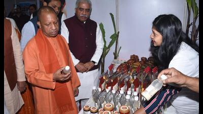 U.P. CM Yogi Adityanath looking at a product at an ODOP stall at an event in Gorakhpur on March 6. (HT photo) U.P. CM Yogi Adityanath looking at a product at an ODOP stall at an event in Gorakhpur on March 6. (HT photo)