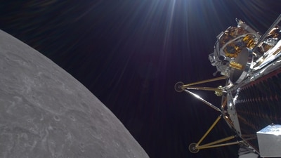 The image shows the company's IM-2 mission, Nova-C class lunar lander, Athena, in a circular orbit around the Moon. According to Intuitive Machines, LLC, flight controllers expect Athena to complete 39 lunar orbits until her south pole region landing site has adequate sunlight to power surface operations. (AFP) The image shows the company's IM-2 mission, Nova-C class lunar lander, Athena, in a circular orbit around the Moon. According to Intuitive Machines, LLC, flight controllers expect Athena to complete 39 lunar orbits until her south pole region landing site has adequate sunlight to power surface operations. (AFP)