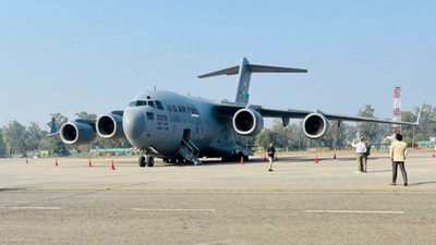 A US military aircraft carrying illegal Indian immigrants upon its landing at the Shri Guru Ramdas Ji International Airport, in Amritsar, Punjab, on February 5, 2025. (File/PTI)
