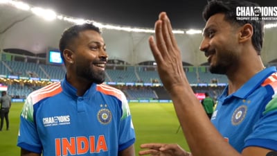 Hardik Pandya (L) and Axar Patel chat after the game (BCCI) Hardik Pandya (L) and Axar Patel chat after the game (BCCI)