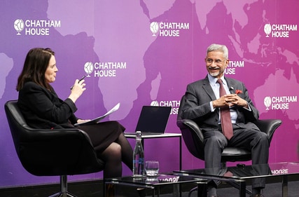 External affairs minister S Jaishankar in conversation with Chatham House Director and CEO Bronwen Maddox at Chatham House in London on Wednesday. (Jaishankar/X) External affairs minister S Jaishankar in conversation with Chatham House Director and CEO Bronwen Maddox at Chatham House in London on Wednesday. (Jaishankar/X)
