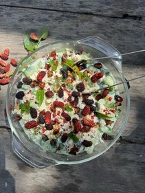 Smashed cucumber, feta, mulberry and date salad Smashed cucumber, feta, mulberry and date salad