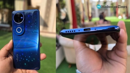 The Vivo V50 comes with IP68 and IP69 ratings, ensuring resistance to both dust and water. (Ijaj Khan/ Hindustan Times)
