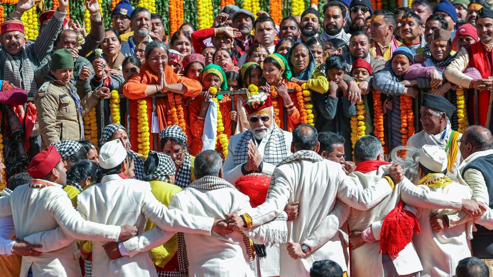Prime Minister Narendra Modi looks on as local artists perform traditional folk dance in Uttarkashi on Thursday (DPR PMO) Prime Minister Narendra Modi looks on as local artists perform traditional folk dance in Uttarkashi on Thursday (DPR PMO)