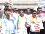 BJP leaders R Ashoka, BY Vijayendra and others stage protest outside Vidhana Soudha.