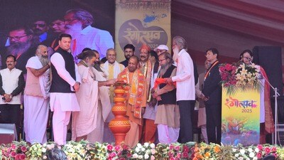 Chief minister Yogi Adityanath at the inauguration of ‘Rangotsav 2025’ in Barsana on Friday. (HT)
